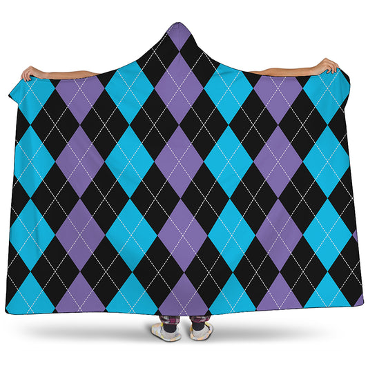 Purple Black And Blue Argyle Print Hooded Blanket