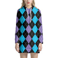 Purple Black And Blue Argyle Print Pullover Hoodie Dress