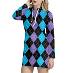 Purple Black And Blue Argyle Print Hoodie Dress