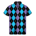 Purple Black And Blue Argyle Print Men's Short Sleeve Shirt