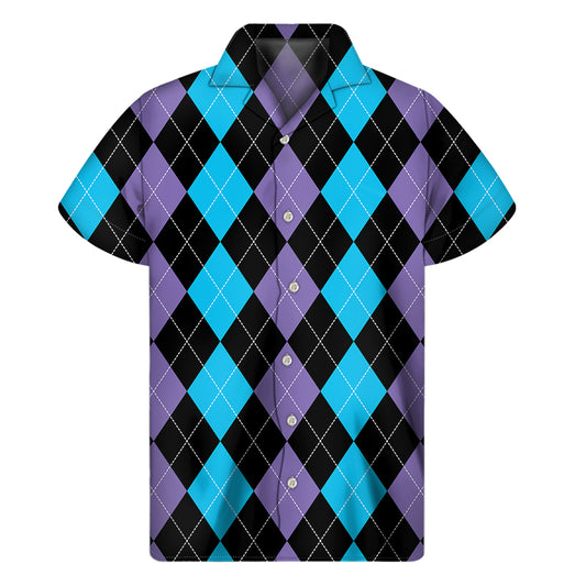 Purple Black And Blue Argyle Print Men's Short Sleeve Shirt