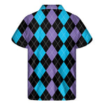 Purple Black And Blue Argyle Print Men's Short Sleeve Shirt
