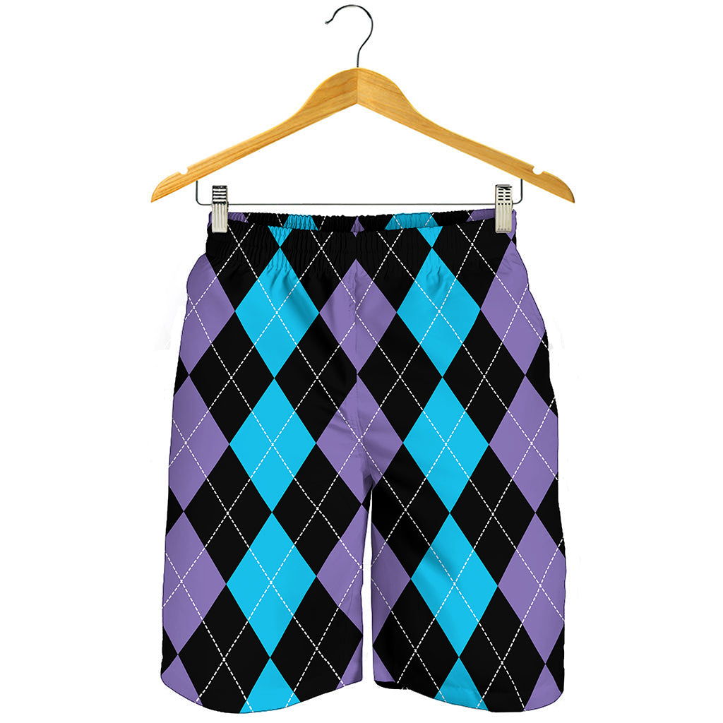 Purple Black And Blue Argyle Print Men's Shorts