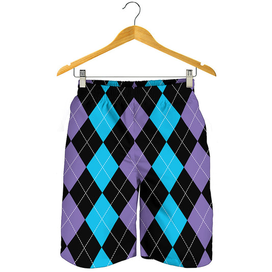 Purple Black And Blue Argyle Print Men's Shorts
