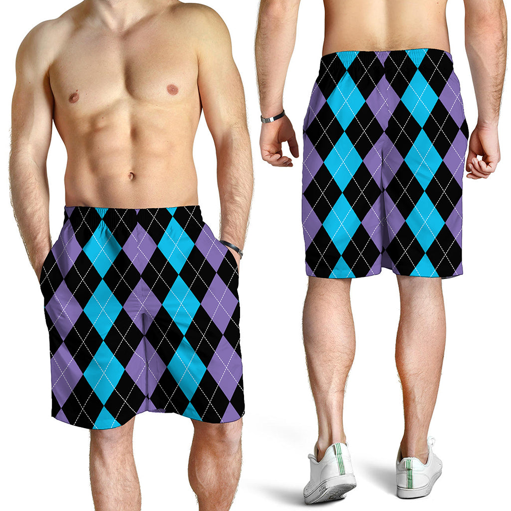 Purple Black And Blue Argyle Print Men's Shorts