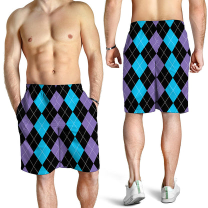 Purple Black And Blue Argyle Print Men's Shorts