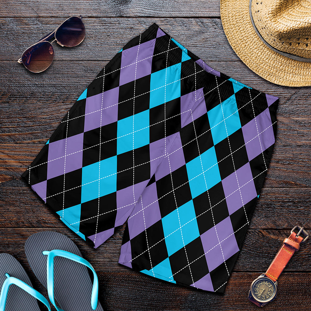 Purple Black And Blue Argyle Print Men's Shorts