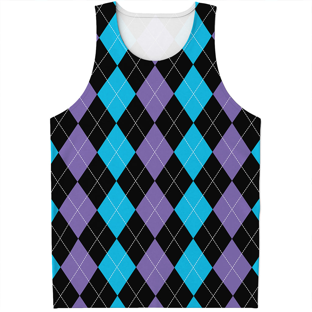 Purple Black And Blue Argyle Print Men's Tank Top
