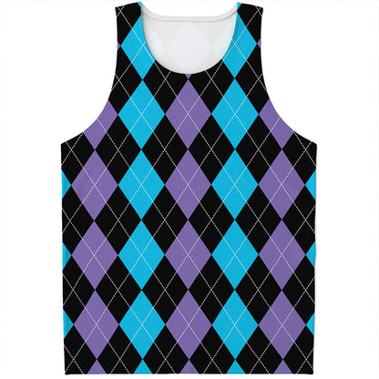 Purple Black And Blue Argyle Print Men's Tank Top