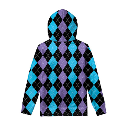 Purple Black And Blue Argyle Print Pullover Hoodie