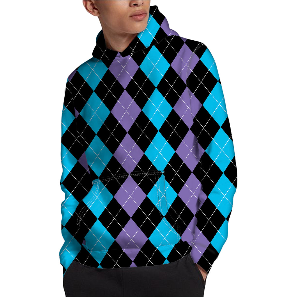 Purple Black And Blue Argyle Print Pullover Hoodie