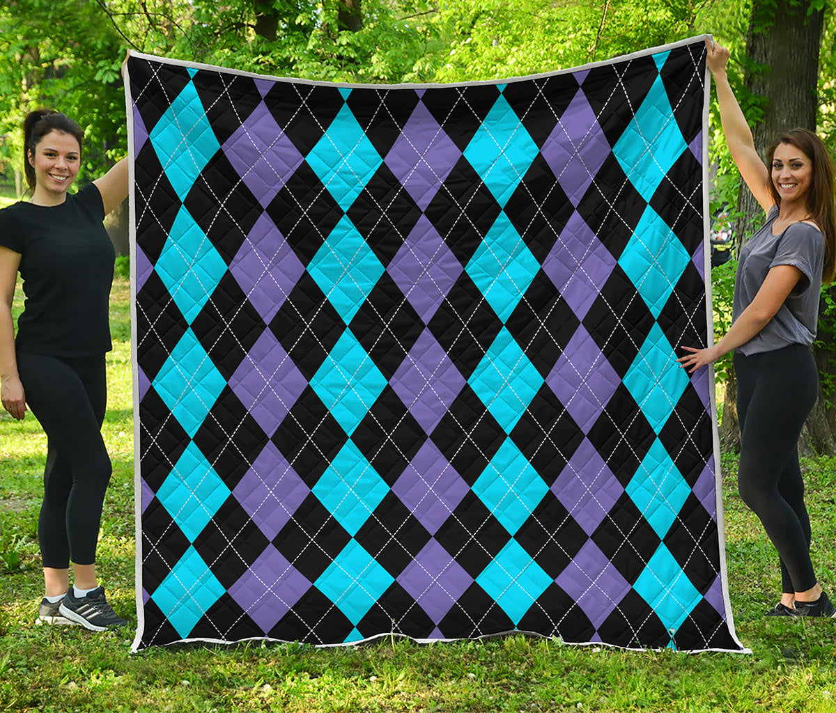 Purple Black And Blue Argyle Print Quilt