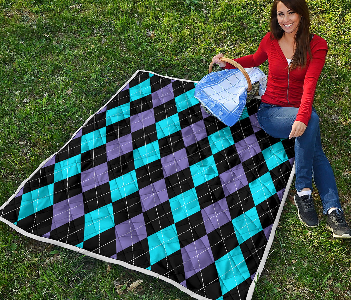 Purple Black And Blue Argyle Print Quilt