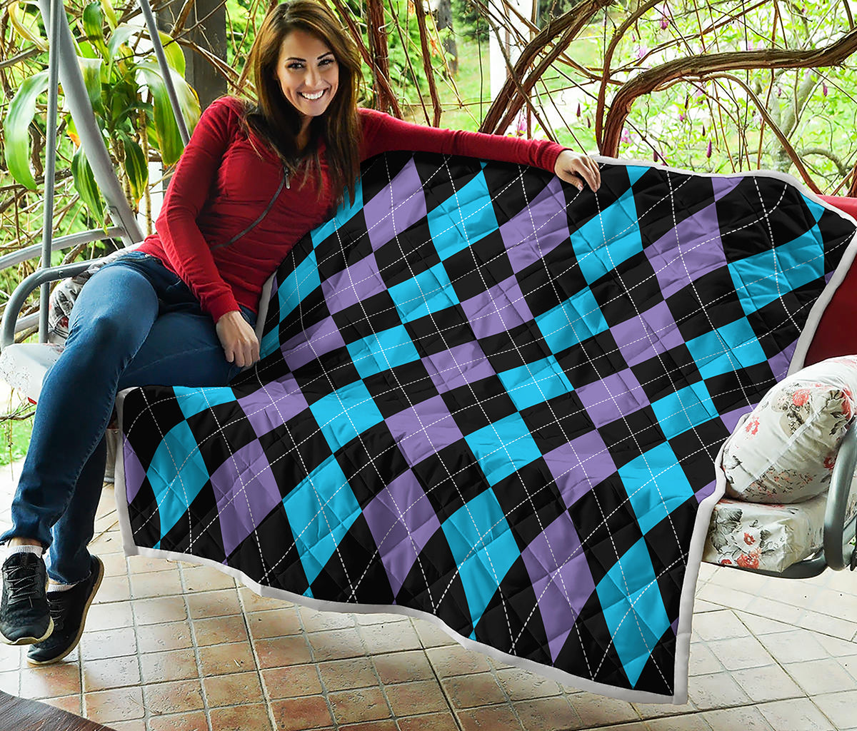 Purple Black And Blue Argyle Print Quilt