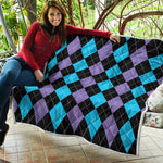 Purple Black And Blue Argyle Print Quilt