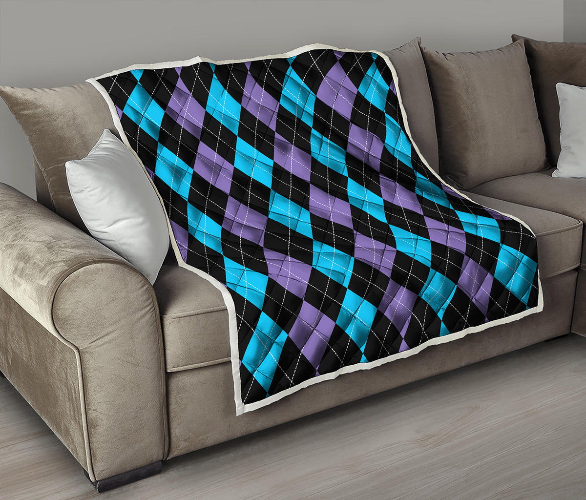 Purple Black And Blue Argyle Print Quilt