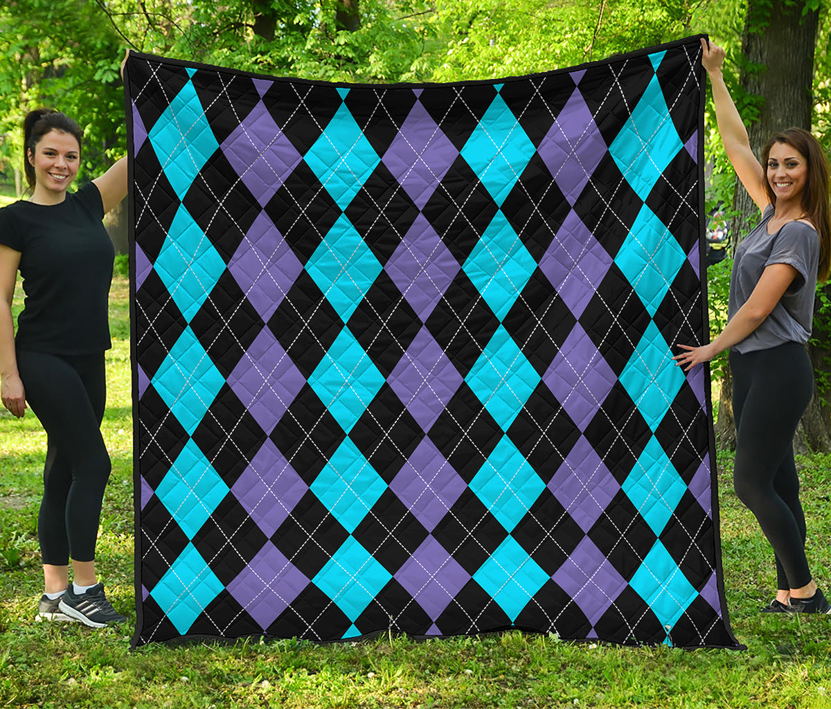 Purple Black And Blue Argyle Print Quilt