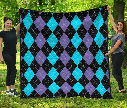 Purple Black And Blue Argyle Print Quilt