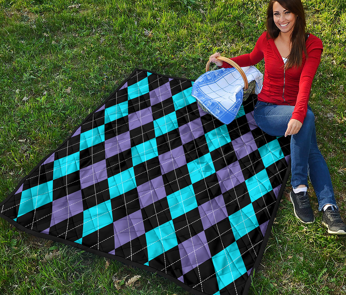 Purple Black And Blue Argyle Print Quilt