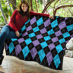 Purple Black And Blue Argyle Print Quilt