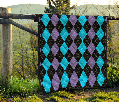 Purple Black And Blue Argyle Print Quilt
