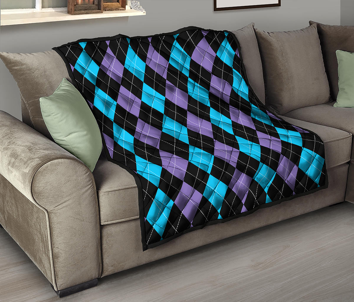 Purple Black And Blue Argyle Print Quilt