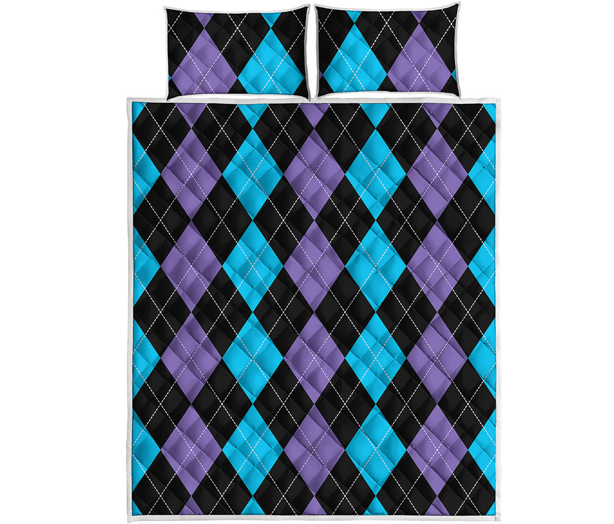 Purple Black And Blue Argyle Print Quilt Bed Set