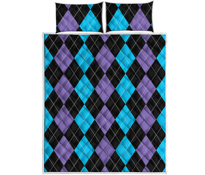 Purple Black And Blue Argyle Print Quilt Bed Set