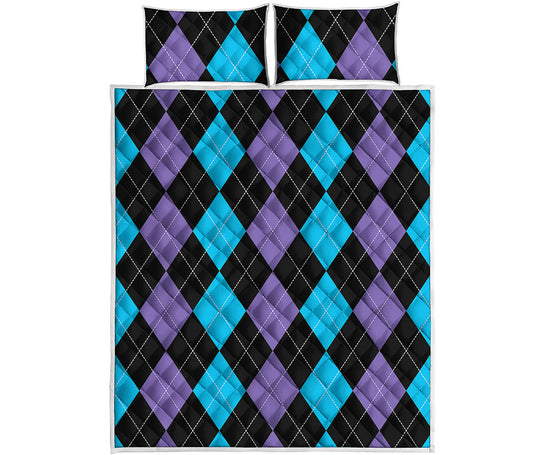 Purple Black And Blue Argyle Print Quilt Bed Set