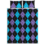 Purple Black And Blue Argyle Print Quilt Bed Set