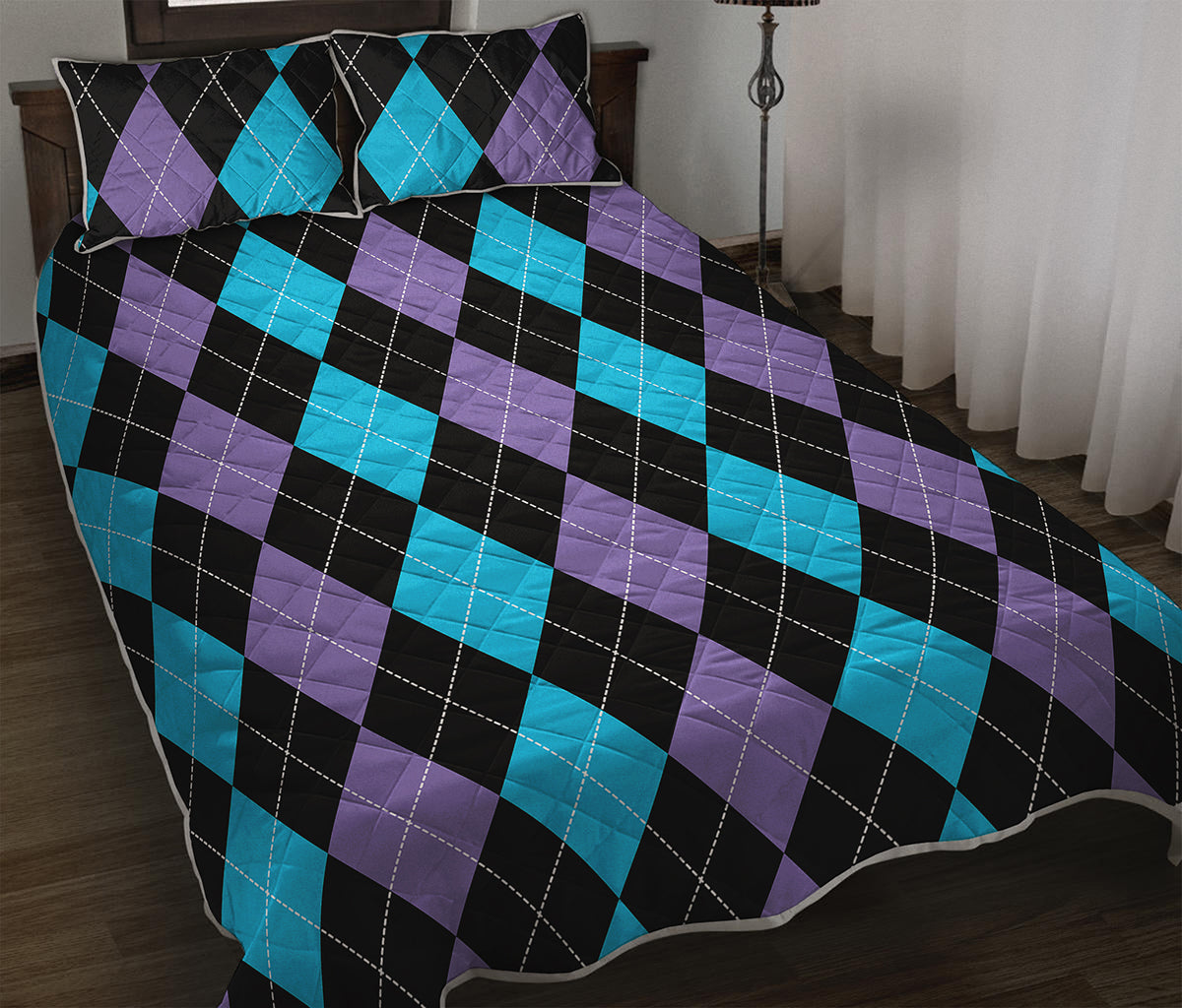 Purple Black And Blue Argyle Print Quilt Bed Set
