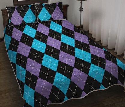 Purple Black And Blue Argyle Print Quilt Bed Set