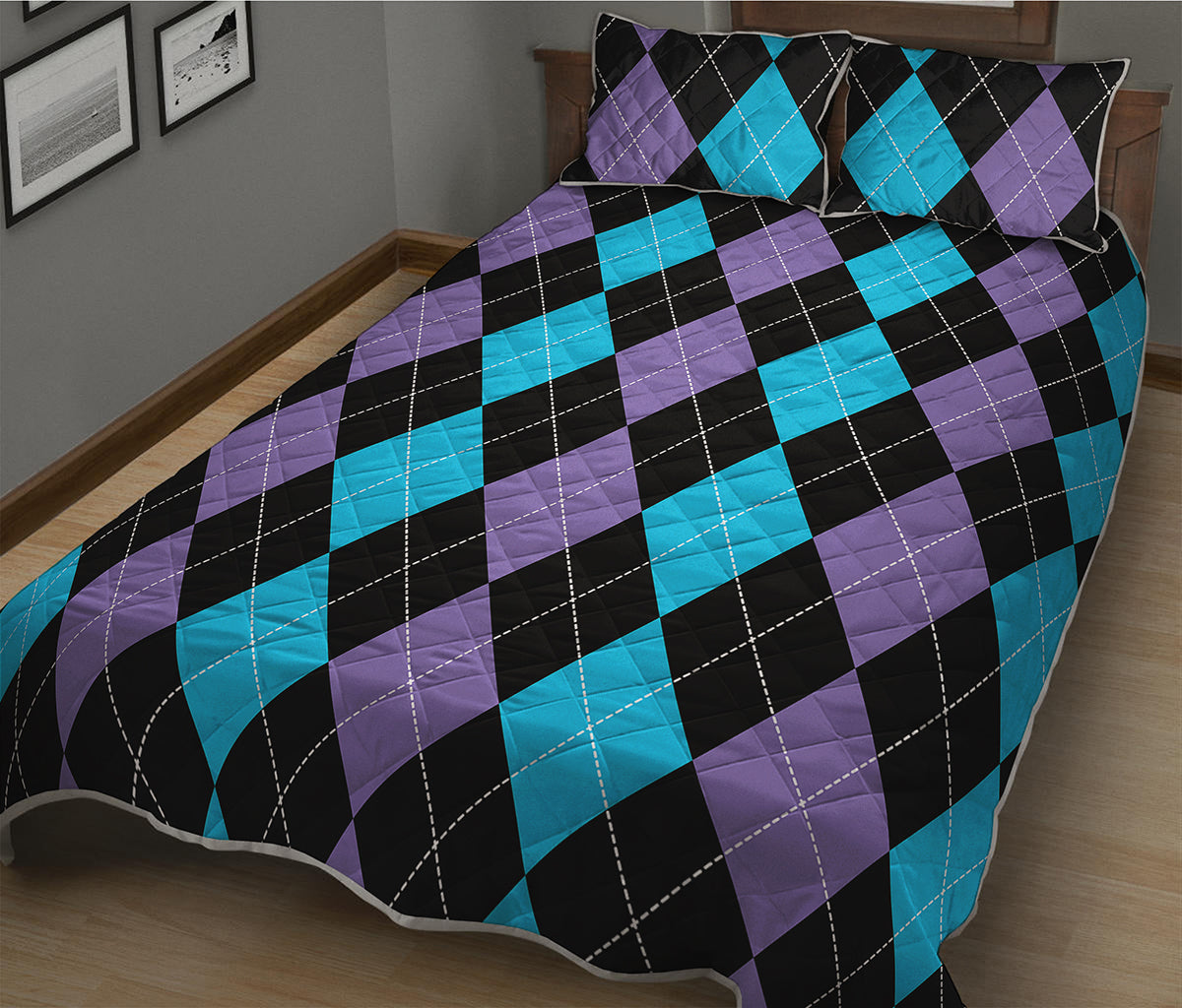 Purple Black And Blue Argyle Print Quilt Bed Set