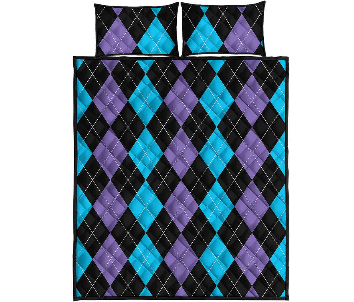 Purple Black And Blue Argyle Print Quilt Bed Set