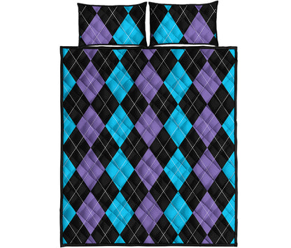 Purple Black And Blue Argyle Print Quilt Bed Set