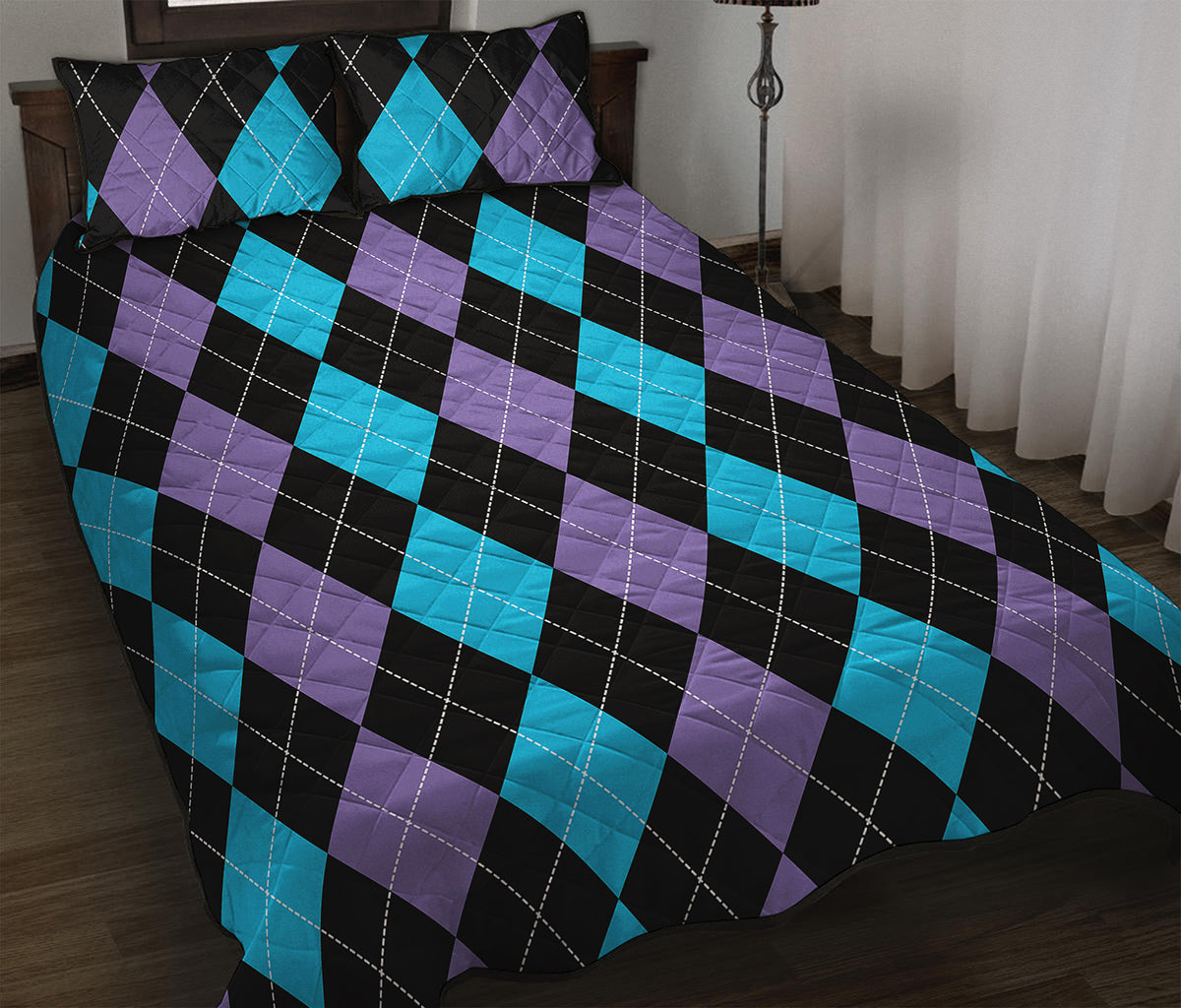 Purple Black And Blue Argyle Print Quilt Bed Set