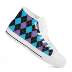 Purple Black And Blue Argyle Print White High Top Shoes