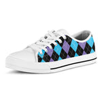 Purple Black And Blue Argyle Print White Low Top Shoes