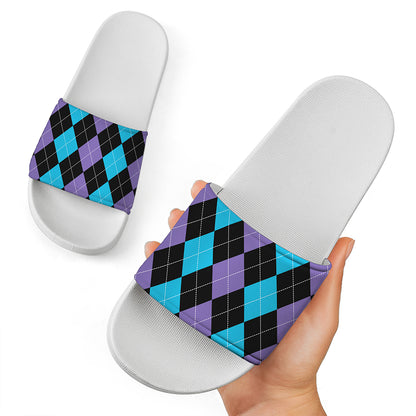 Purple Black And Blue Argyle Print White Slide Sandals