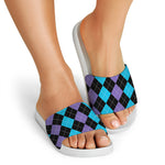 Purple Black And Blue Argyle Print White Slide Sandals