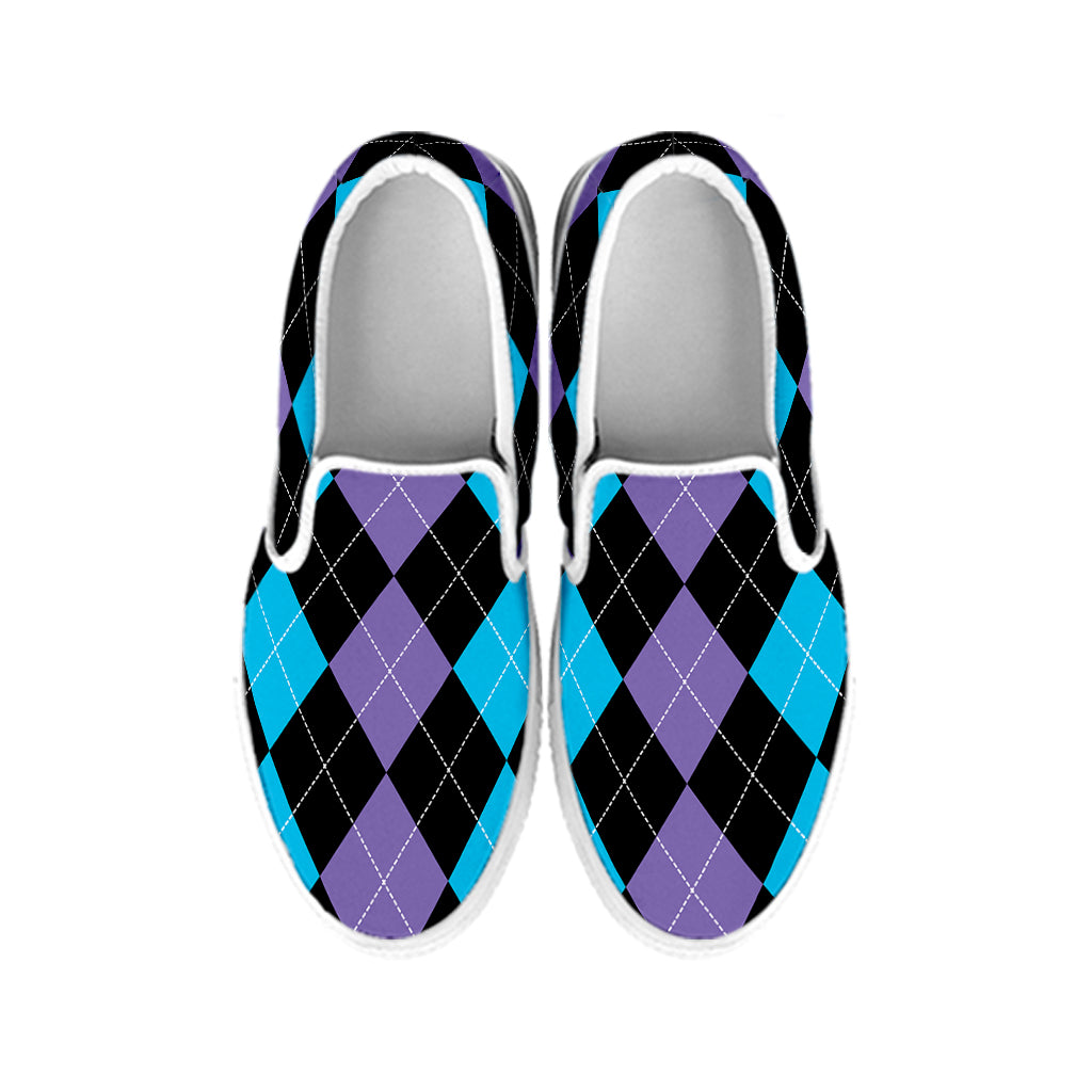 Purple Black And Blue Argyle Print White Slip On Shoes