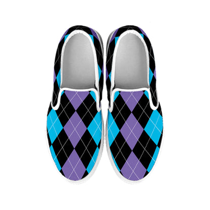 Purple Black And Blue Argyle Print White Slip On Shoes