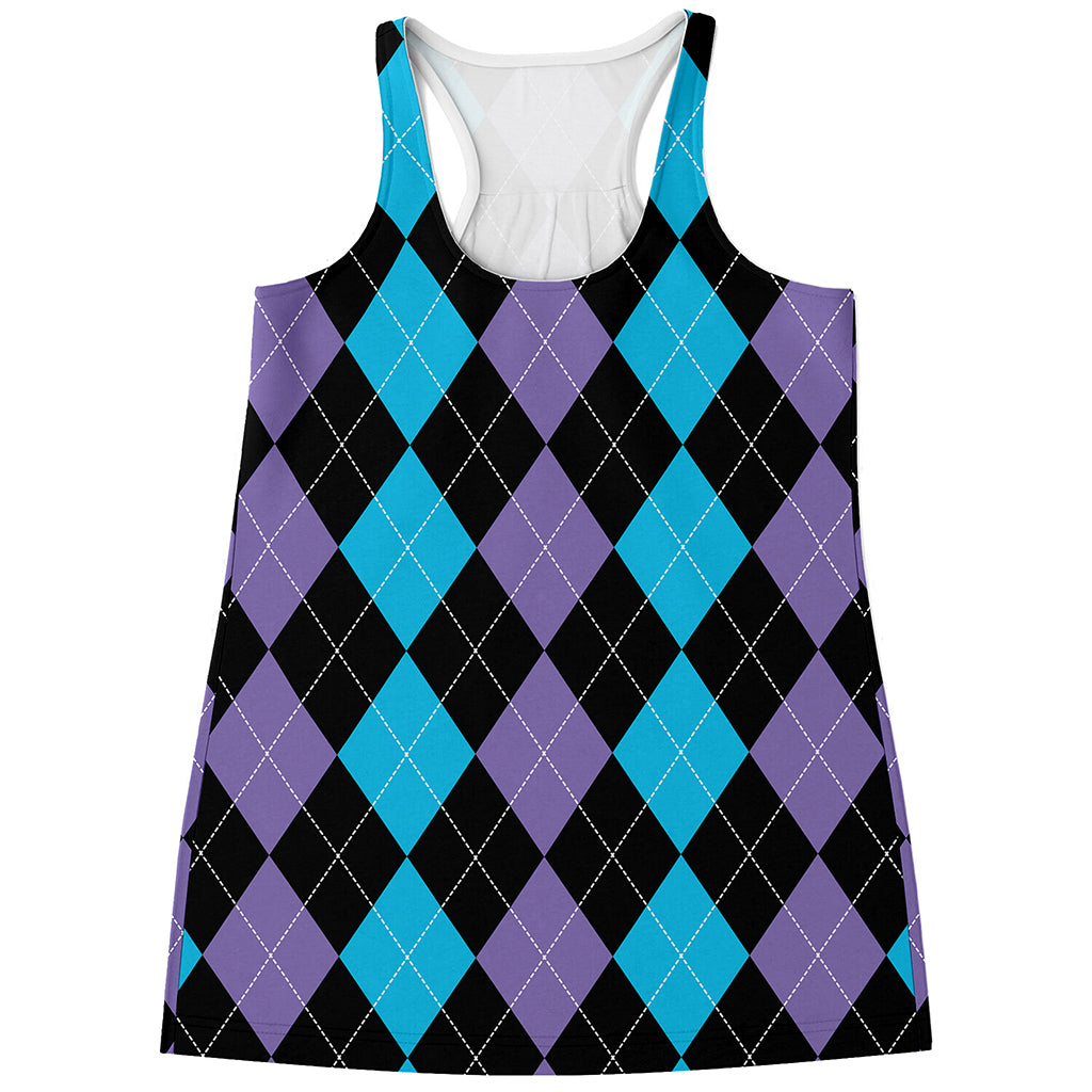 Purple Black And Blue Argyle Print Women's Racerback Tank Top