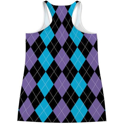 Purple Black And Blue Argyle Print Women's Racerback Tank Top