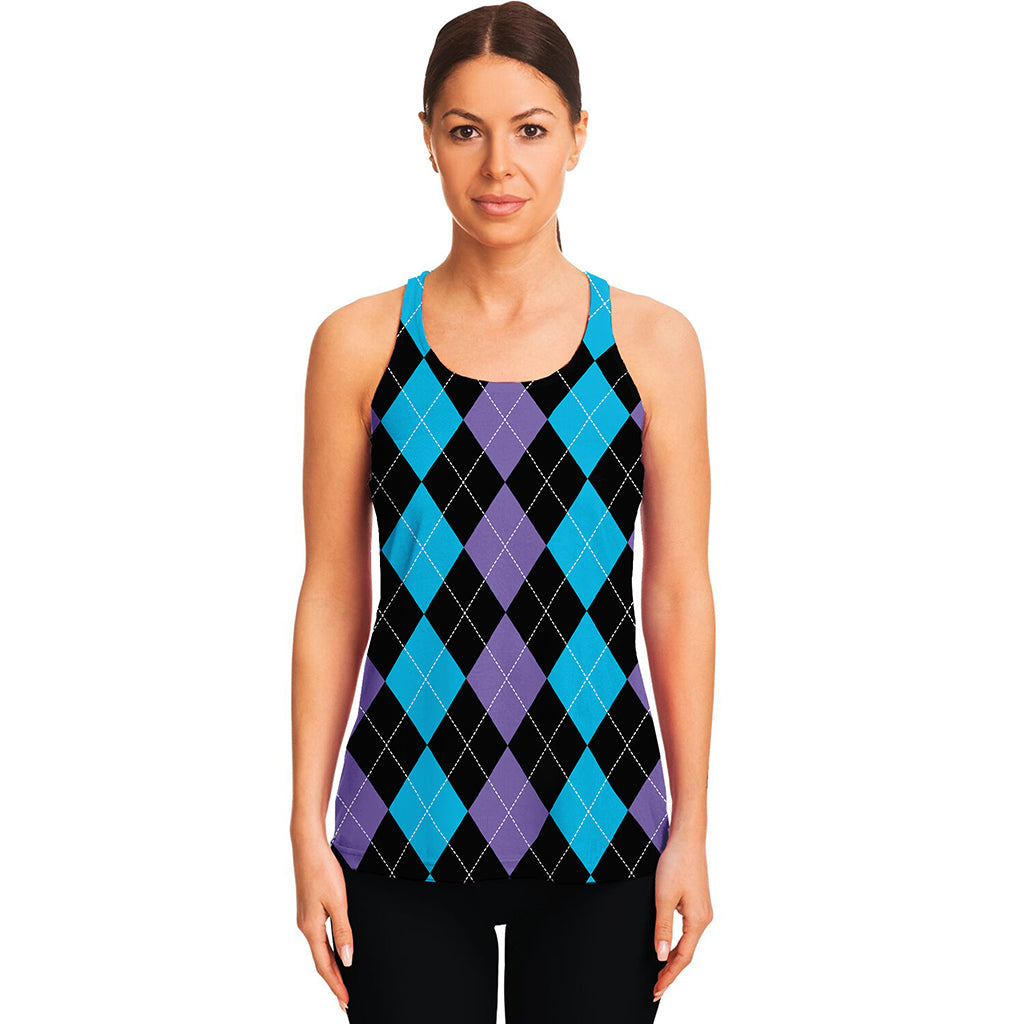 Purple Black And Blue Argyle Print Women's Racerback Tank Top