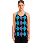 Purple Black And Blue Argyle Print Women's Racerback Tank Top