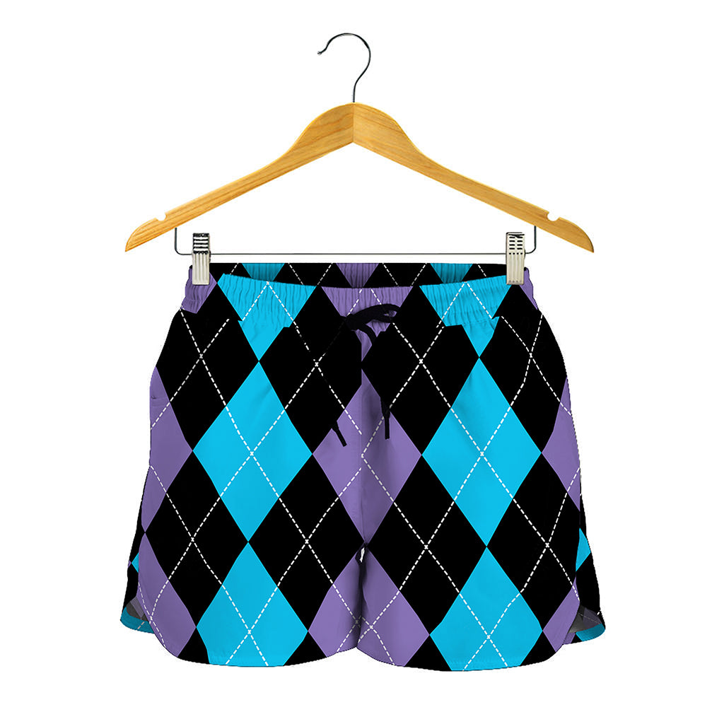 Purple Black And Blue Argyle Print Women's Shorts