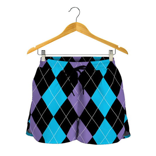 Purple Black And Blue Argyle Print Women's Shorts