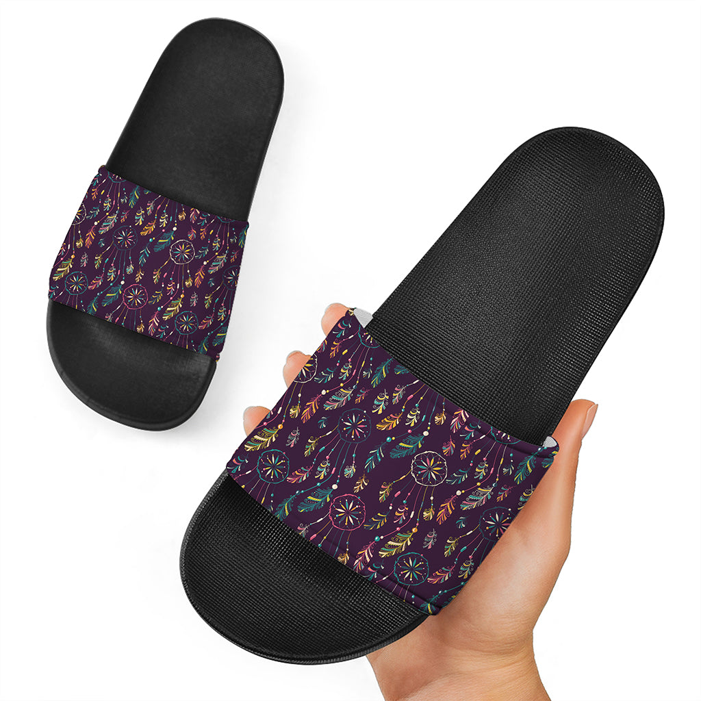 Purple Bohemian Dream Catcher Print Black Slide Sandals