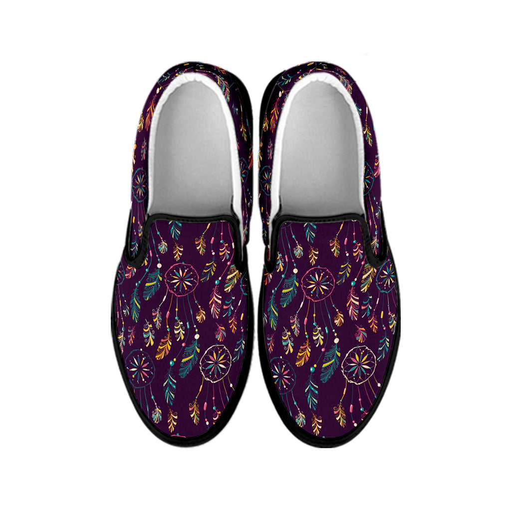 Purple Bohemian Dream Catcher Print Black Slip On Shoes